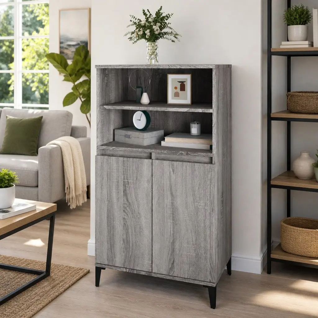 Highboard Engineered Wood Grey Storage Cabinet with Shelves and Compartments