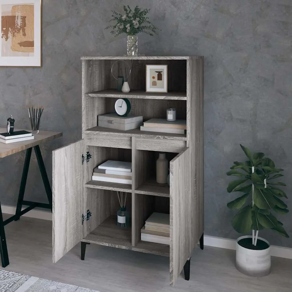 Highboard Engineered Wood Grey Storage Cabinet with Shelves and Compartments