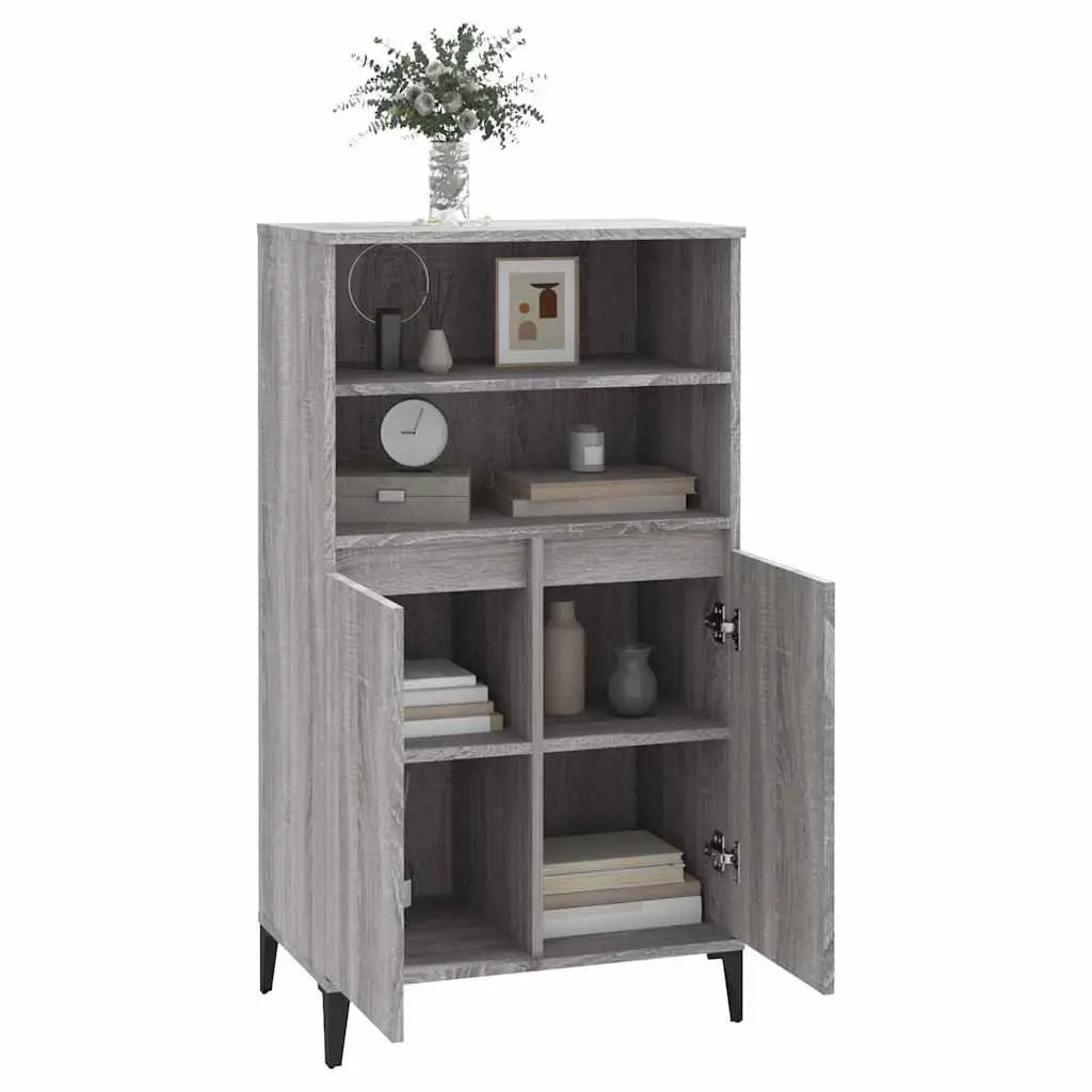Highboard Engineered Wood Grey Storage Cabinet with Shelves and Compartments