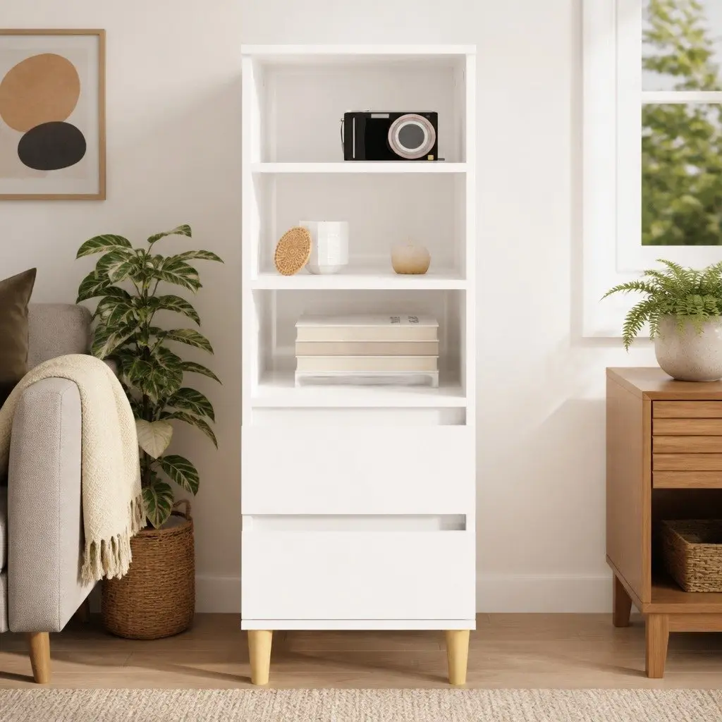 Highboard Storage Cabinet Engineered Wood White 3 Shelves 2 Drawers