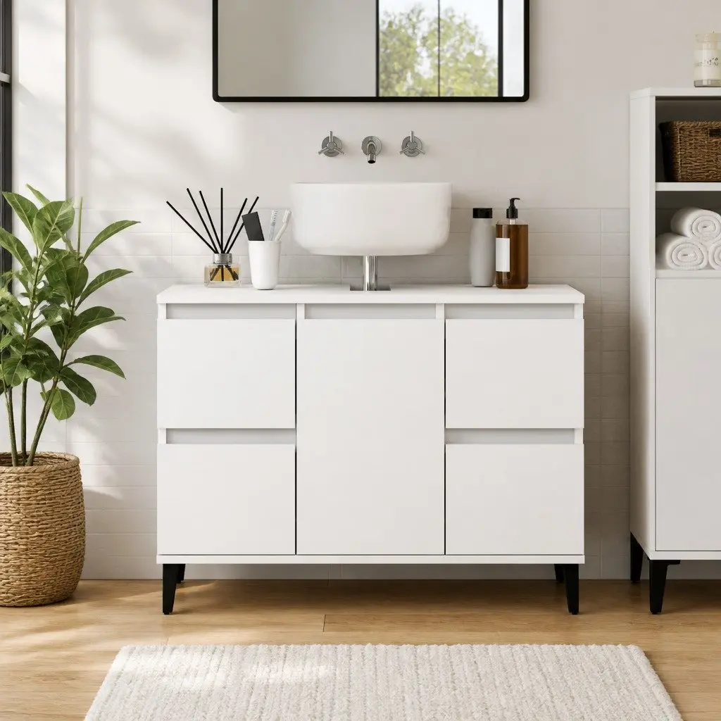 Sink Cabinet Storage Unit Engineered Wood White 80x33x60cm with Drawers and Compartment