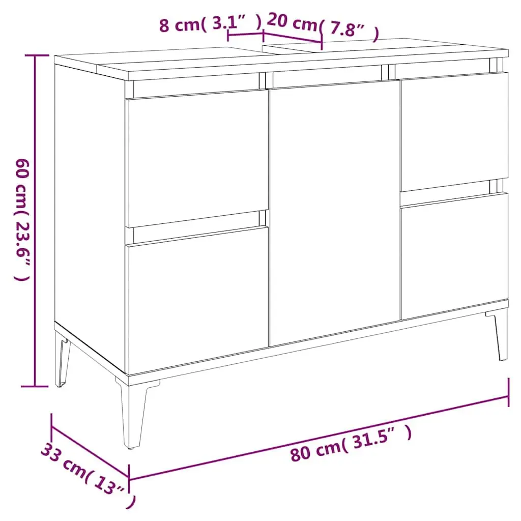 Sink Cabinet Storage Unit Engineered Wood White 80x33x60cm with Drawers and Compartment