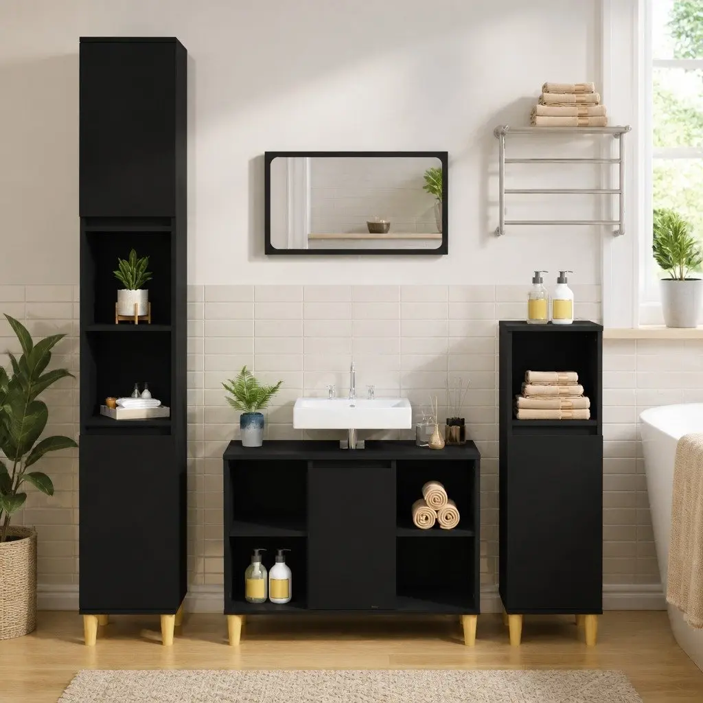 Black Engineered Wood Sink Cabinet Bathroom Vanity Unit 80x33x60cm Storage with 5 Compartments and Door