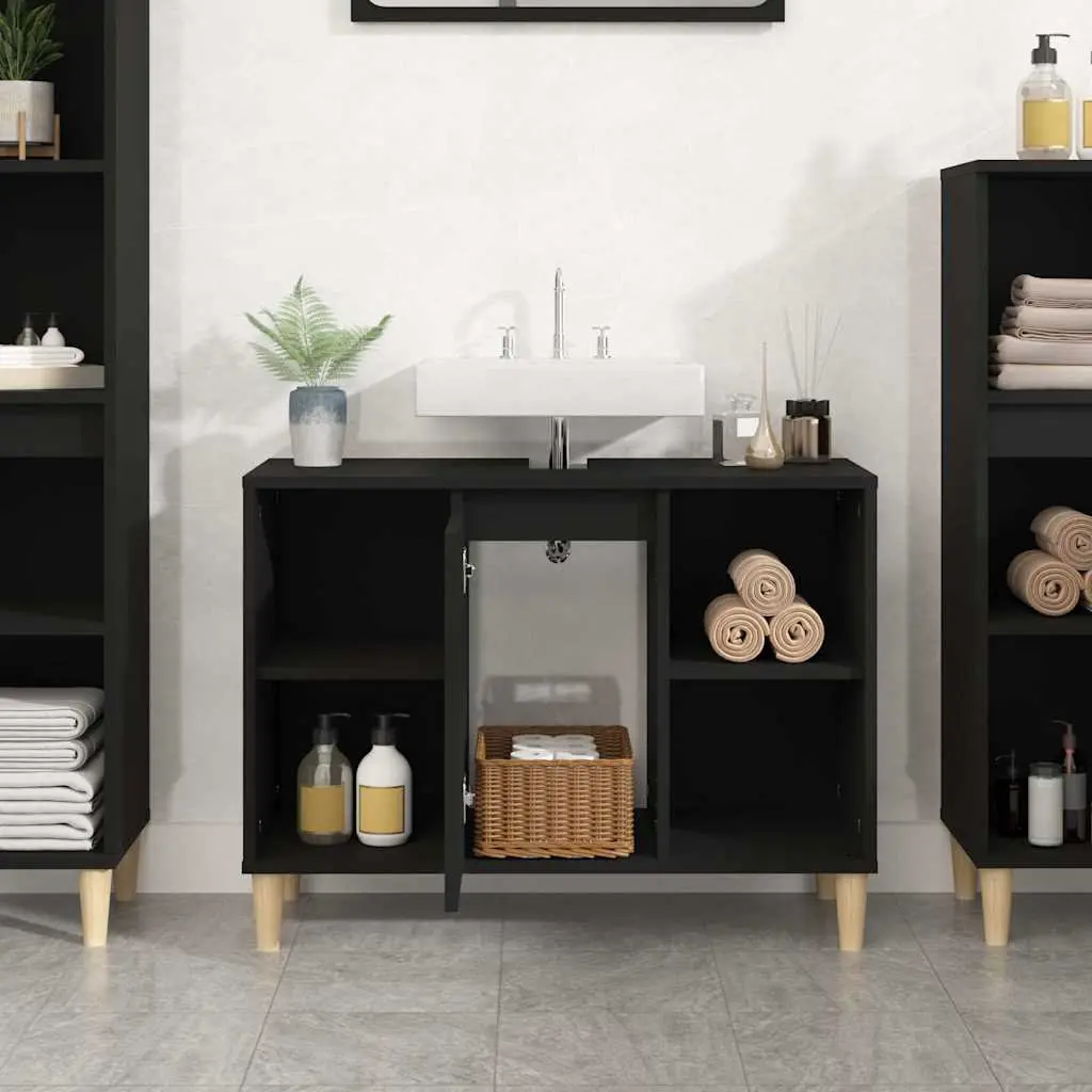 Black Engineered Wood Sink Cabinet Bathroom Vanity Unit 80x33x60cm Storage with 5 Compartments and Door