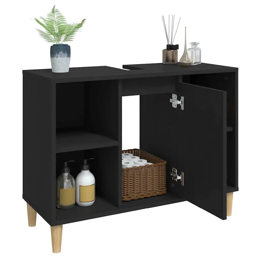Black Engineered Wood Sink Cabinet Bathroom Vanity Unit 80x33x60cm Storage with 5 Compartments and Door