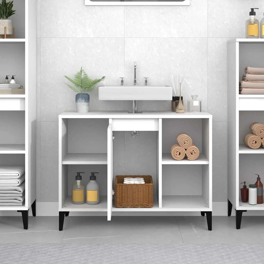 White Bathroom Sink Cabinet Engineered Wood Storage Unit 80x33x60cm with 5 Compartments and Metal Feet