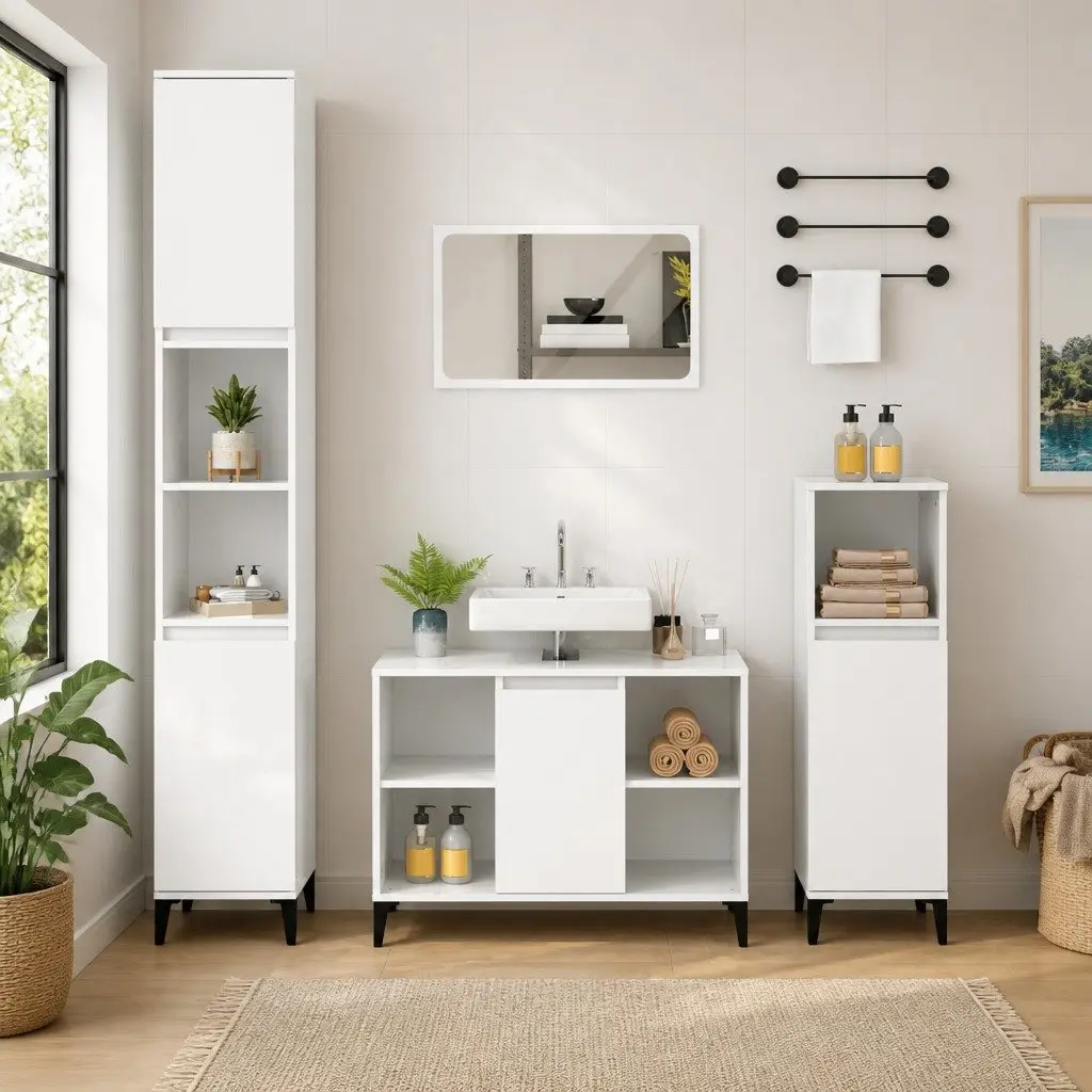 Bathroom Vanity Unit High Gloss White Storage Cabinet 80x33x60 cm Engineered Wood with Metal Feet
