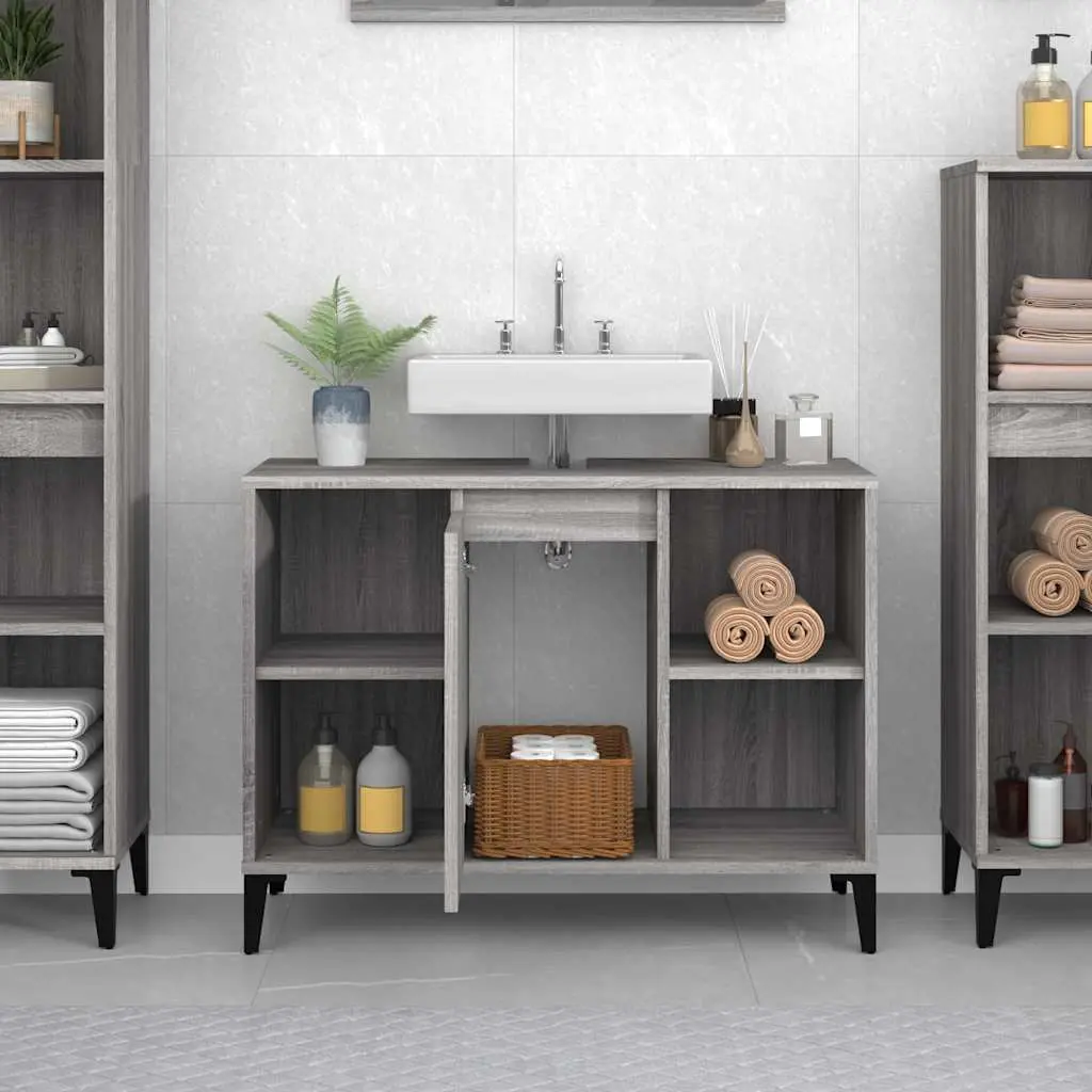 Bathroom Vanity Unit Grey Engineered Wood 80x33x60 cm Sink Cabinet with Storage Compartment