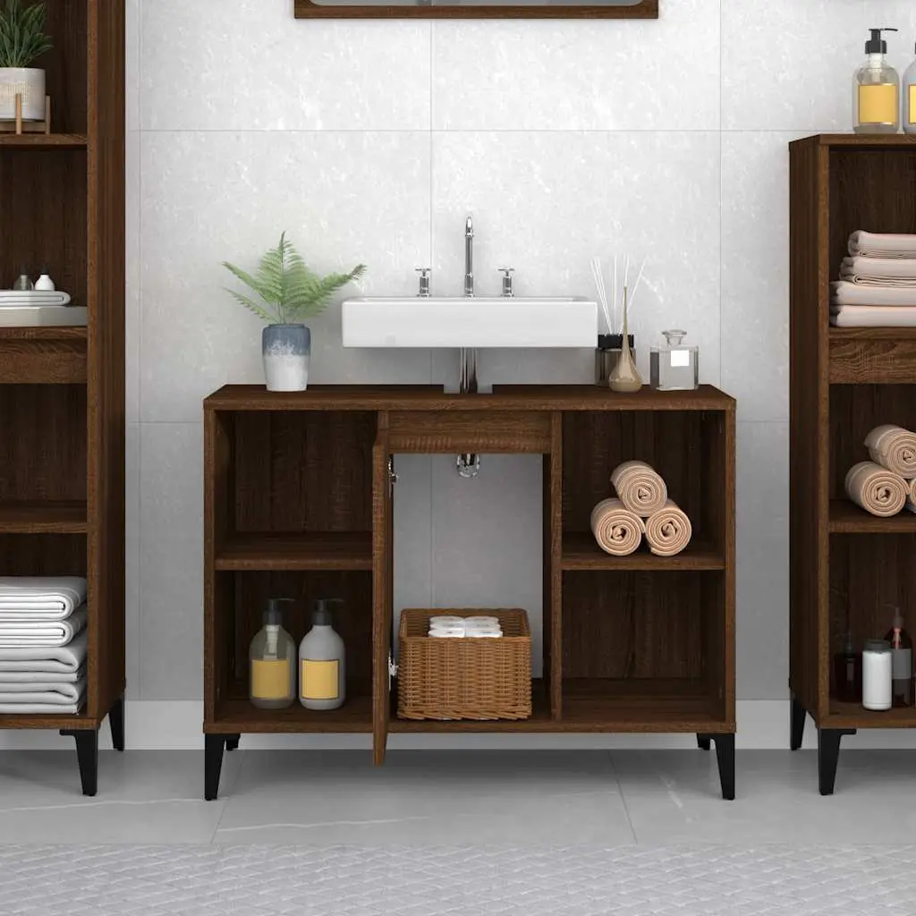 Brown Oak Bathroom Sink Cabinet Engineered Wood Vanity Unit 80x33x60cm with 5 Compartment Storage