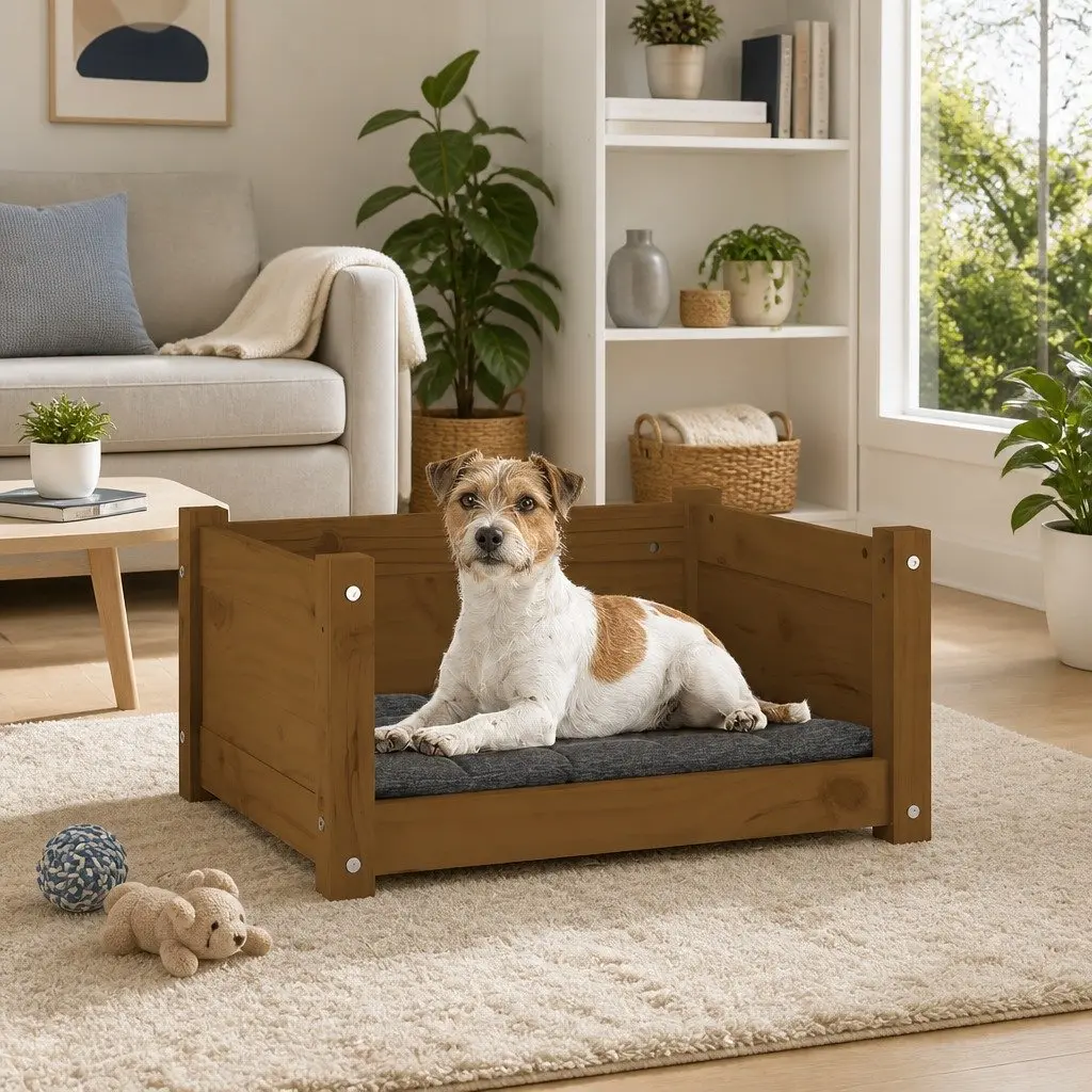 Dog Bed Wooden Rectangular Brown Solid Pine 55.5 x 45.5 x 28 cm
