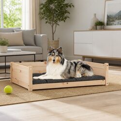 Dog Bed Solid Pine Wood Rectangular Puppy Rest Lounger Pet Furniture Brown