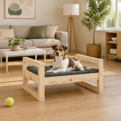 Dog Bed Solid Pine Wood Rectangular Pet Furniture Brown Rustic Design