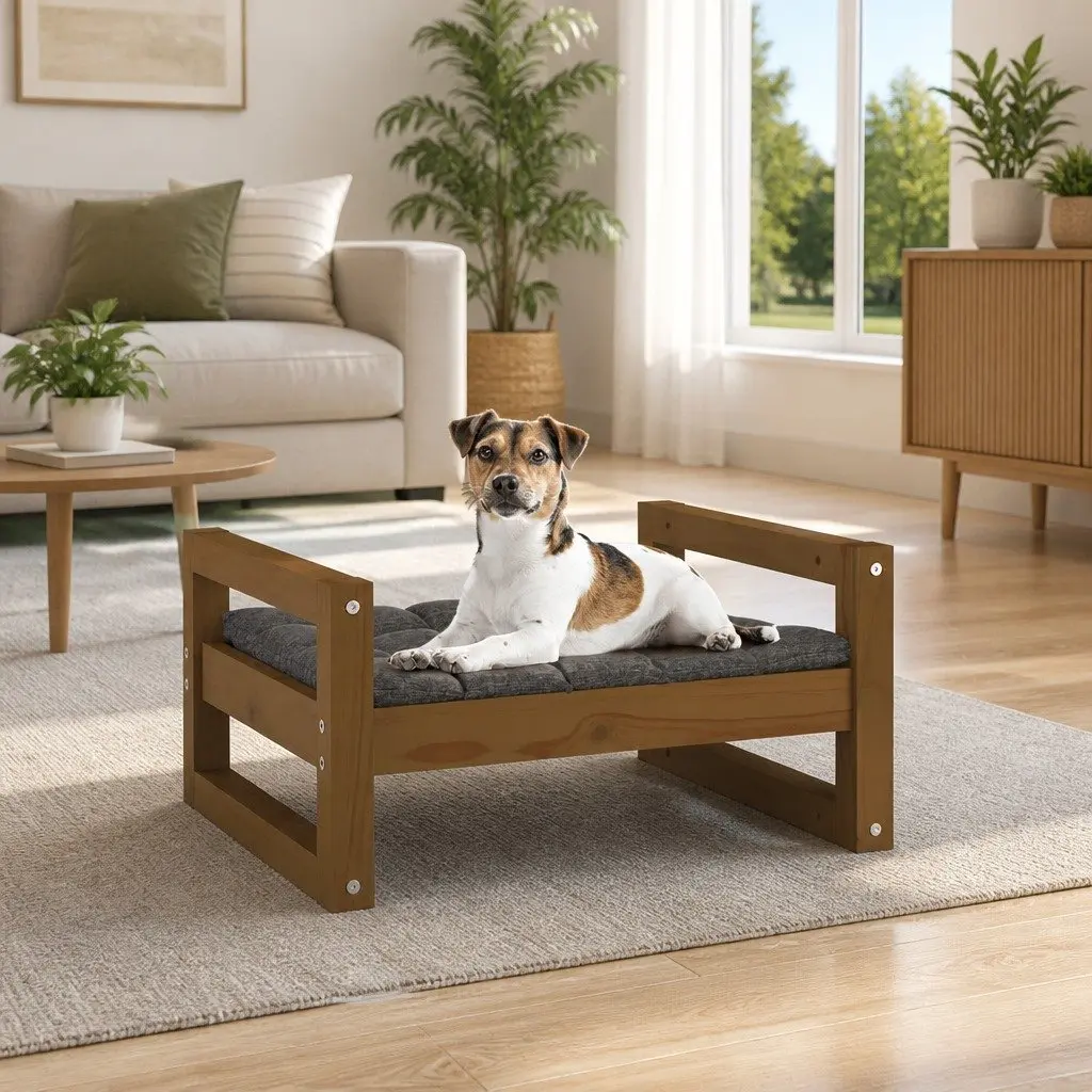 Pine Wood Dog Bed Sturdy Rectangular Frame Brown Solid Construction For Pet Comfort