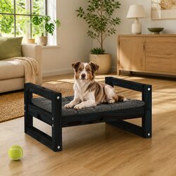 Dog Bed Solid Pine Wood Rectangular Pet Sleeping Nest Frame Black 55.5x45.5x28cm