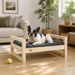 Dog Bed Solid Pine Wood Rectangular Elevated Pet Sleep Furniture Brown