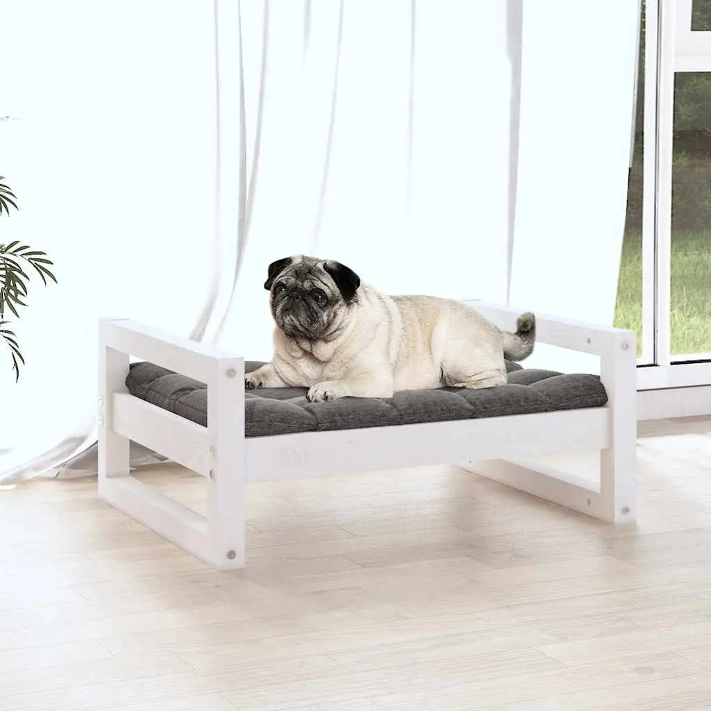 Dog Bed Rectangular Solid Pine Wood Frame White Cushion 65.5x50.5x28cm