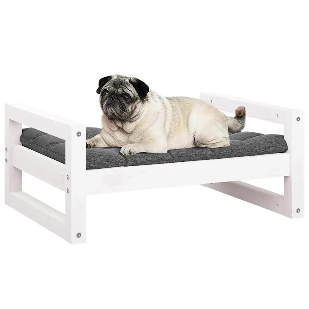 Dog Bed Rectangular Solid Pine Wood Frame White Cushion 65.5x50.5x28cm