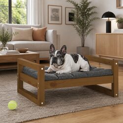 Dog Bed Honey Brown Solid Pine Wood Rectangular Pet Sleeping Cushion Furniture