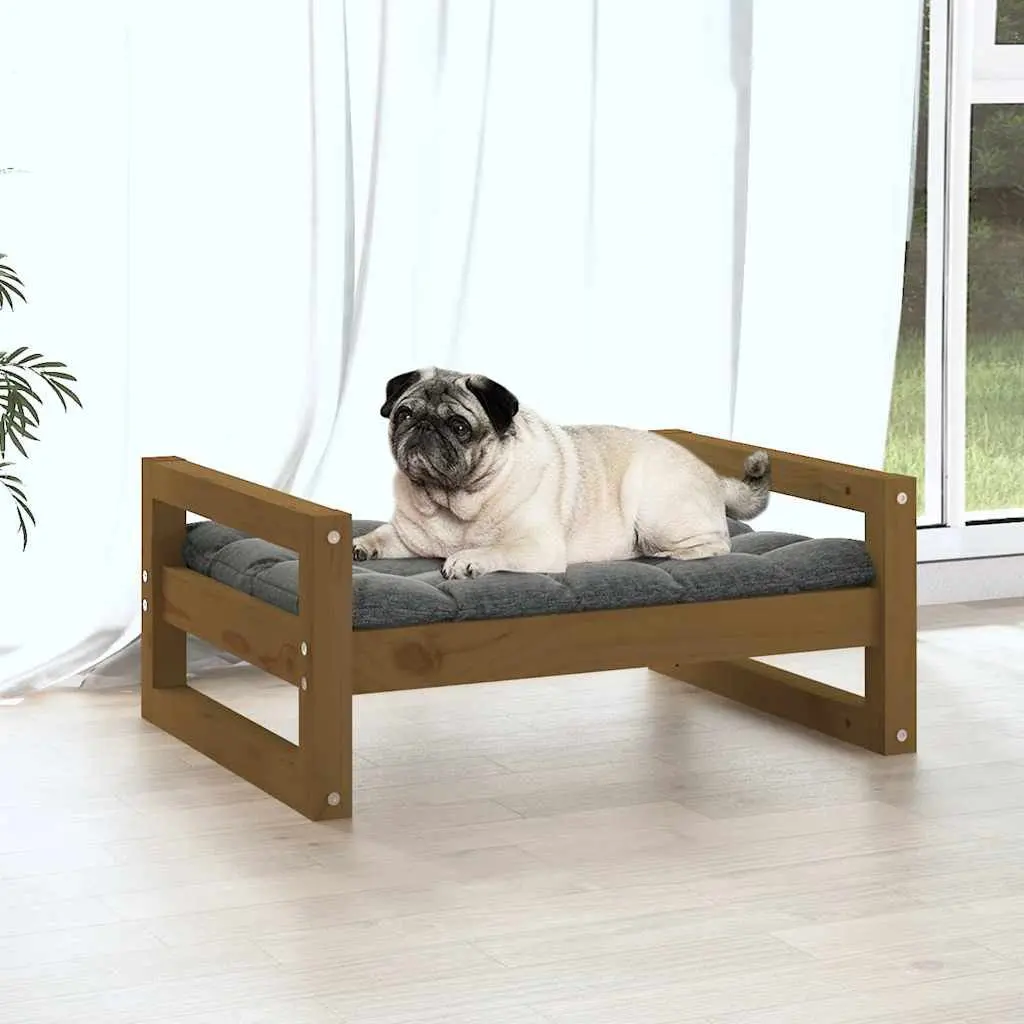 Dog Bed Rectangular Honey Brown Solid Pine Wood Pet Cushion Furniture 65.5x50.5x28cm