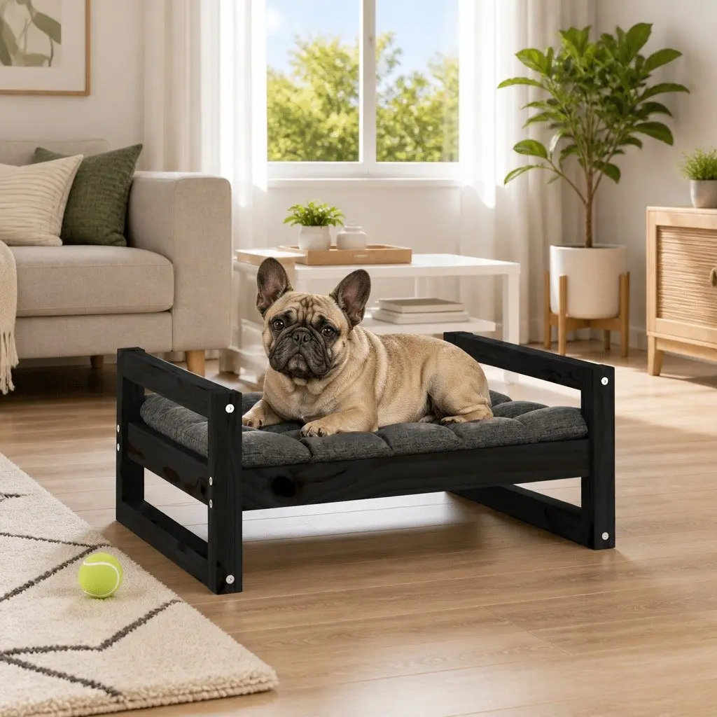 Dog Bed Solid Pine Wood Frame Black Rectangular Minimalist Design Pet Sleeping
