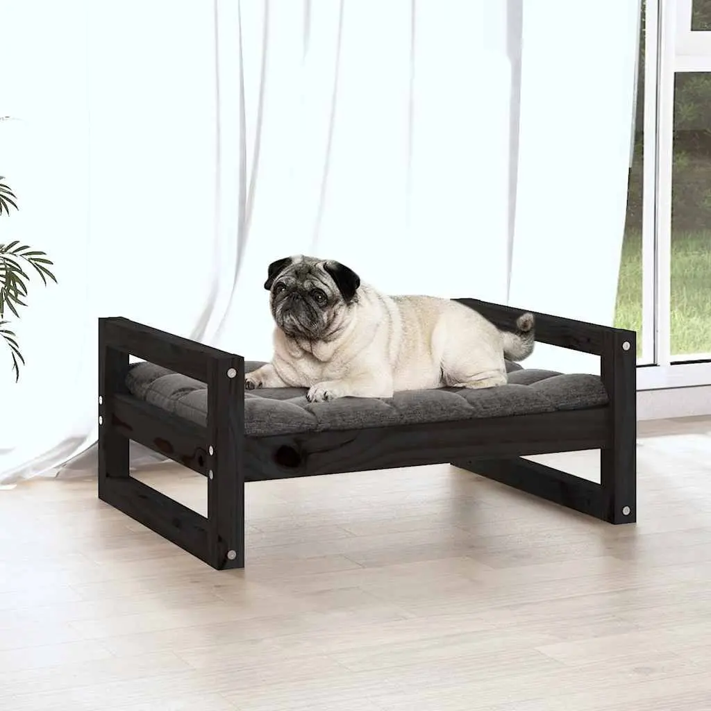 Dog Bed Solid Pine Wood Frame Black Rectangular Minimalist Design Pet Sleeping