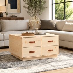 Coffee Table 80x80x45cm 4 Drawers Storage Living Room Solid Wood Pine Brown