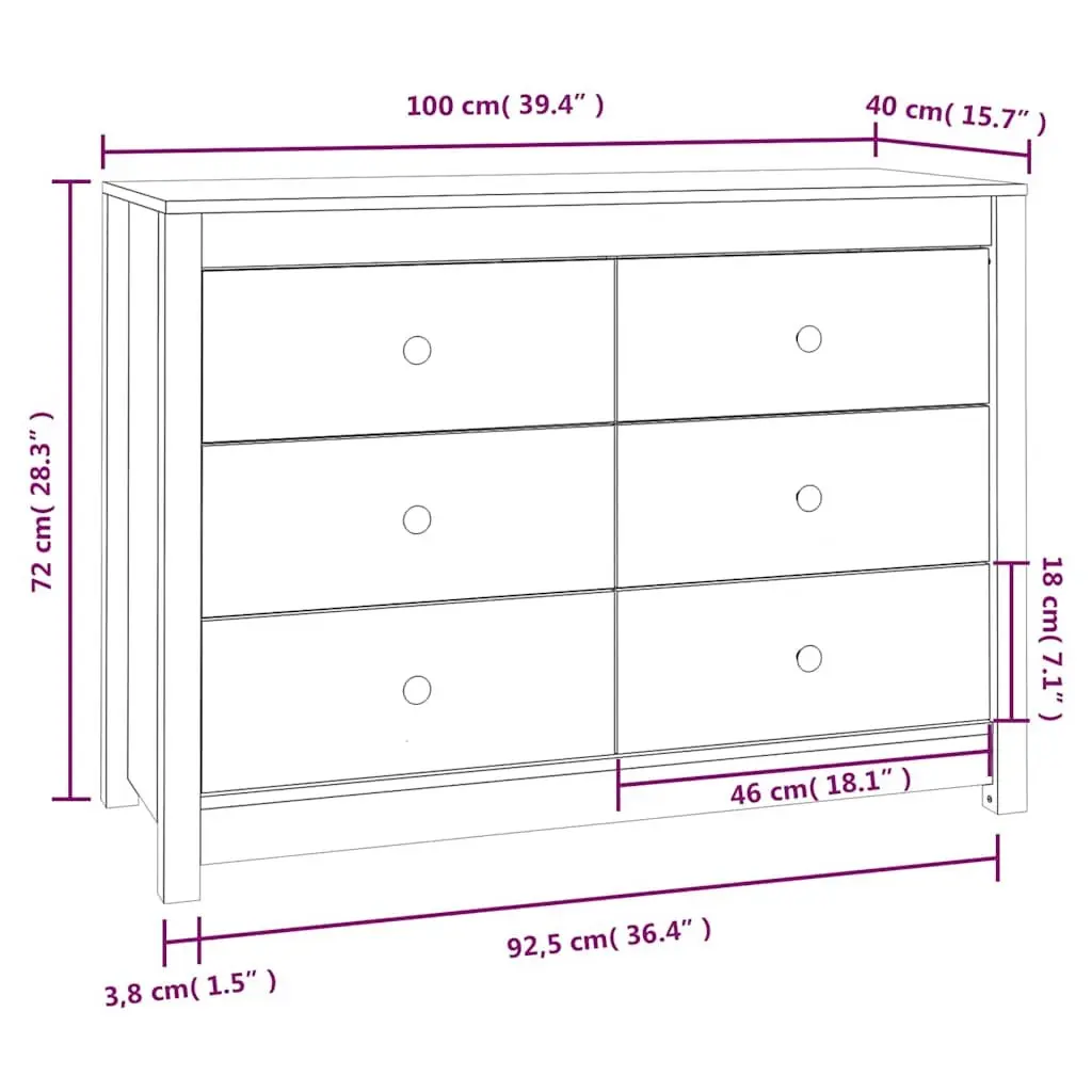 Side Cabinet Solid Pine Wood 100x40x72cm Brown Storage Drawers