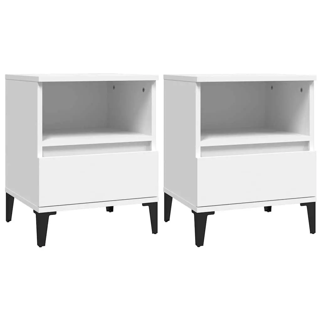 Bedside Table White Engineered Wood 40x35x50cm Storage Nightstand with Drawer and Compartment 2 Piece Set