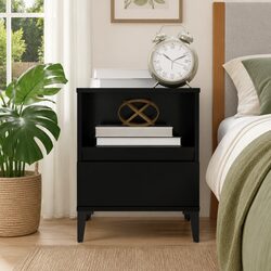 Bedside Cabinet Black Storage Nightstand with Drawer Compartment Metal Feet