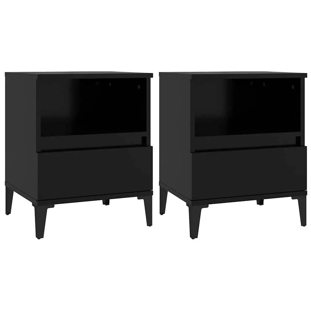 Black Bedside Cabinets 2 Piece Engineered Wood Storage Nightstand with Drawers and Compartment for Bedroom Use