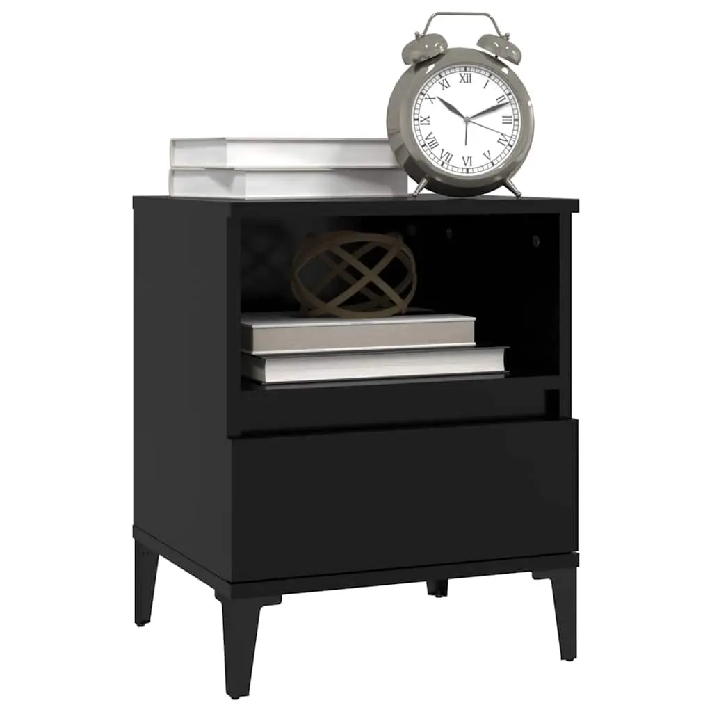 Black Bedside Cabinets 2 Piece Engineered Wood Storage Nightstand with Drawers and Compartment for Bedroom Use