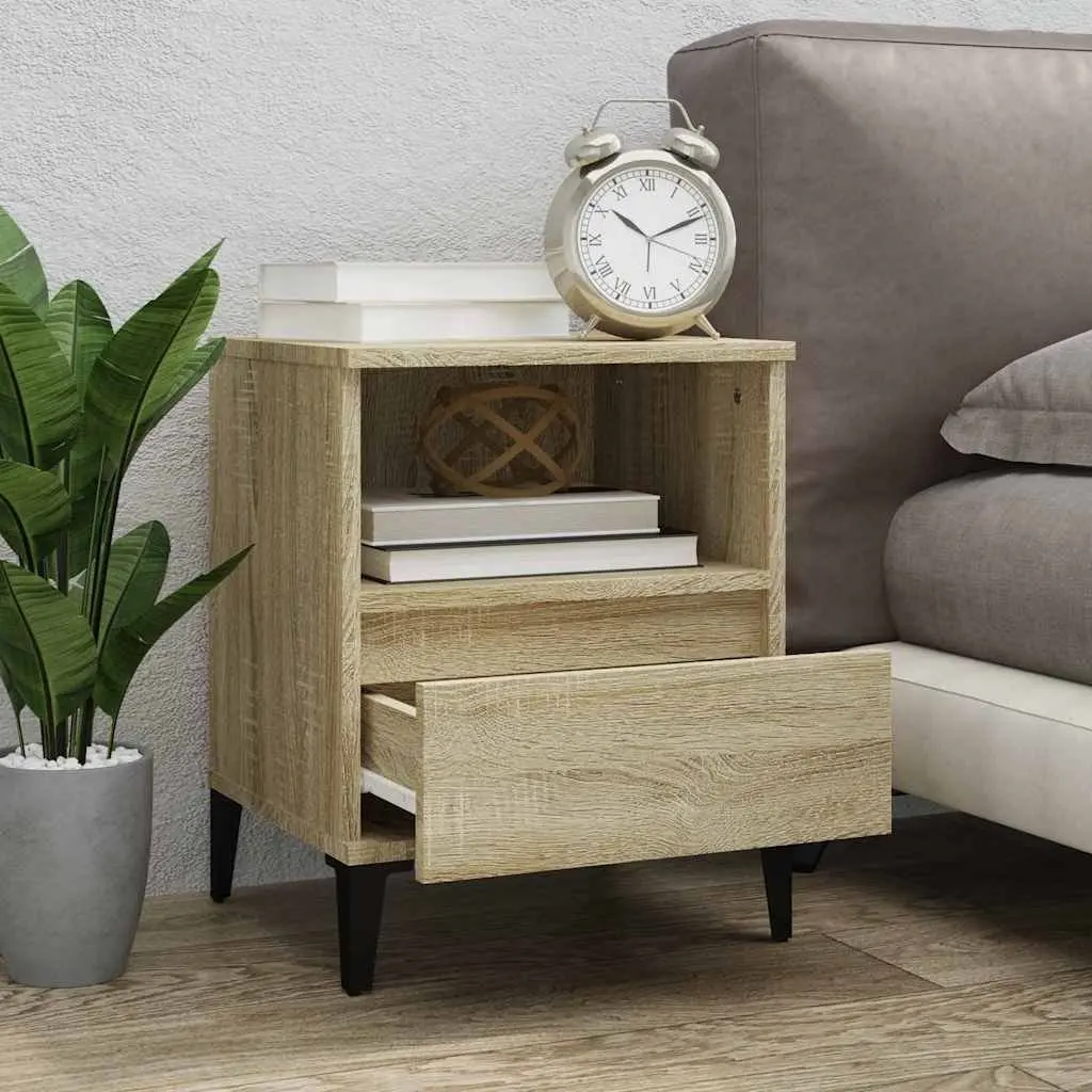 Bedside Cabinet Engineered Wood Brown Storage Compartment Drawer Metal Feet 40 x 35 x 50 cm