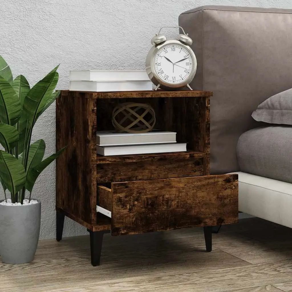 Bedside Cabinet Engineered Wood Brown with Drawer Compartment and Metal Feet