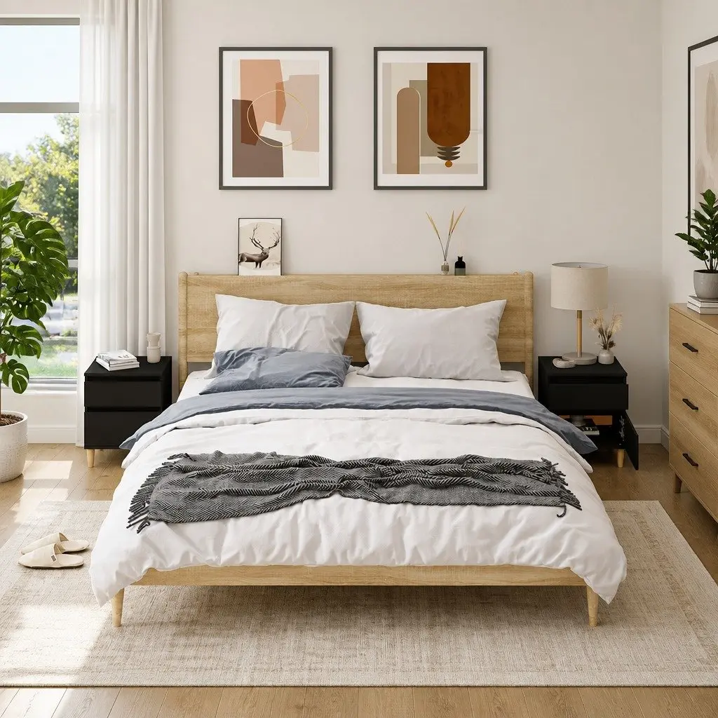 Black 2 Piece Nightstand Bedside Cabinets Engineered Wood Storage Side Tables