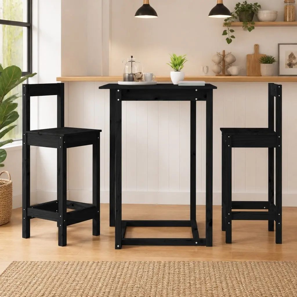Backless Bar Stools 2 Piece Black Solid Pine Wood Kitchen Dining Chairs