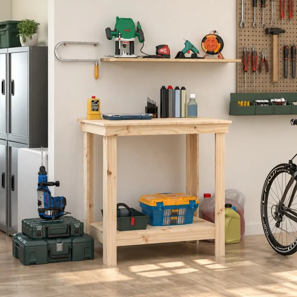 Work Bench 80x50x80 cm Solid Wood Pine Storage Table Garage Workshop