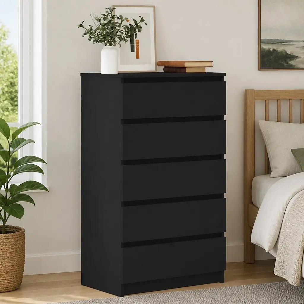 Drawer Cabinet Black Storage Chest 5 Drawers Engineered Wood Furniture