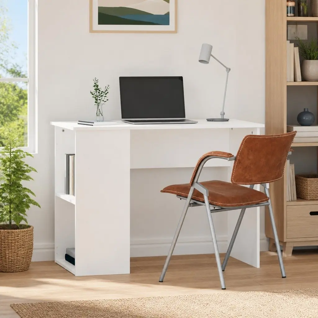 Office Desk with Storage Shelves Engineered Wood White 100x55x75cm Modern Workstation
