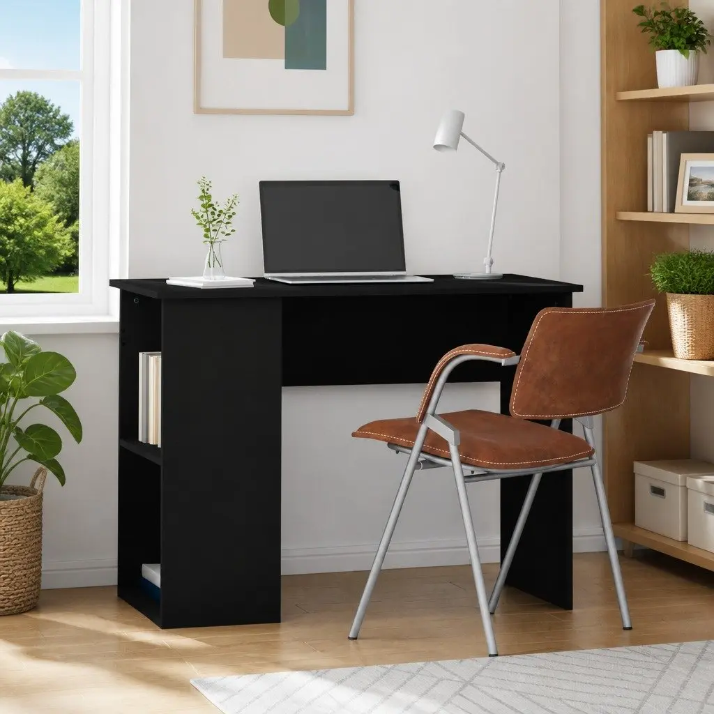Black Office Desk Engineered Wood 100 x 55 x 75 cm with Shelves Storage Compartments