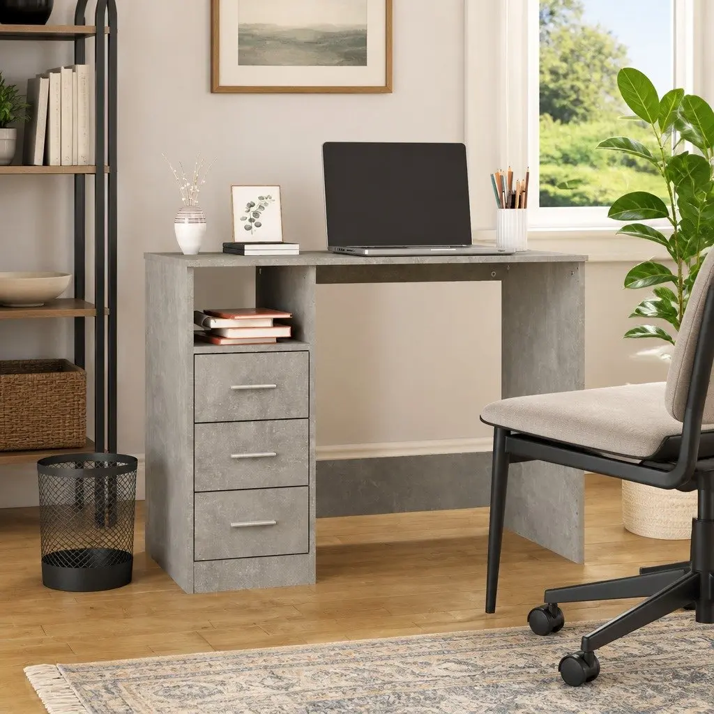 Desk Engineered Wood Grey 102 x 50 x 76 cm with 3 Drawers and Open Compartment