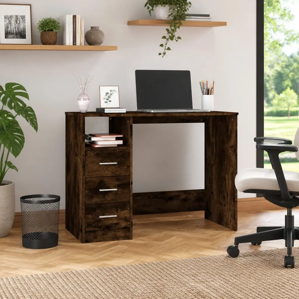 Office Desk Study Table Engineered Wood Brown 102cm x 50cm x 76cm with Storage Compartment and 3 Drawers for Home Office or Small Spaces