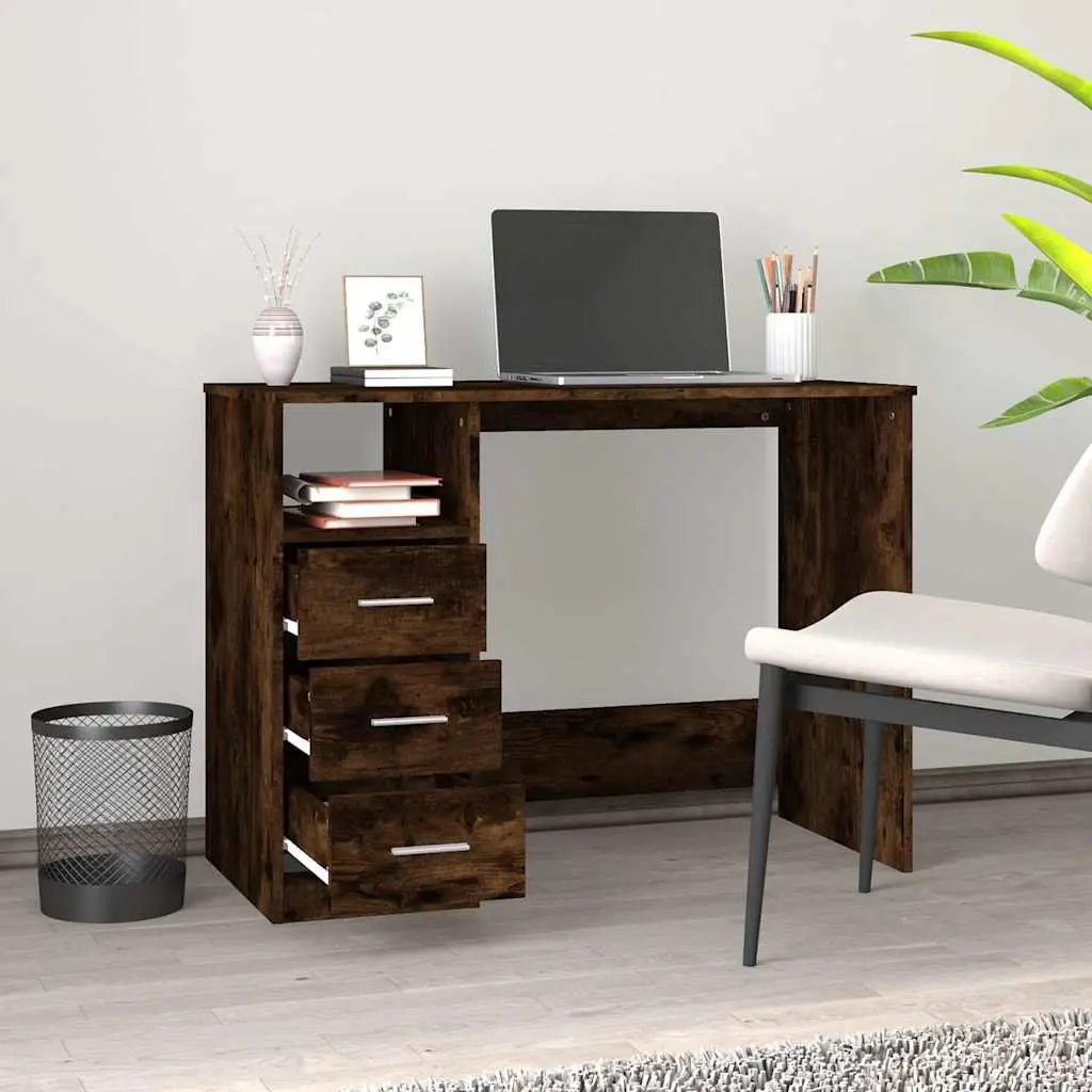 Office Desk Study Table Engineered Wood Brown 102cm x 50cm x 76cm with Storage Compartment and 3 Drawers for Home Office or Small Spaces