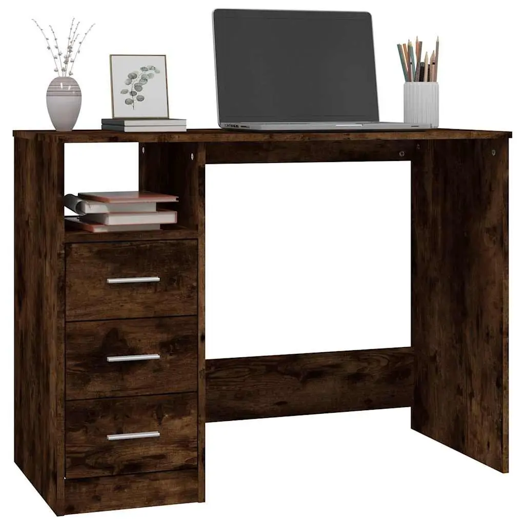 Office Desk Study Table Engineered Wood Brown 102cm x 50cm x 76cm with Storage Compartment and 3 Drawers for Home Office or Small Spaces