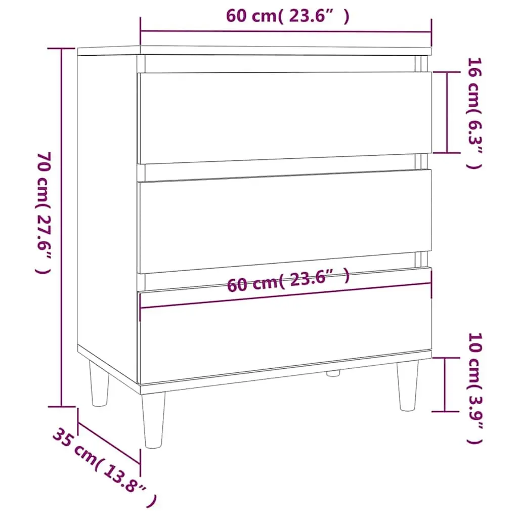 Sideboard Engineered Wood White 60x35x70 cm Storage Cabinet 3 Drawers