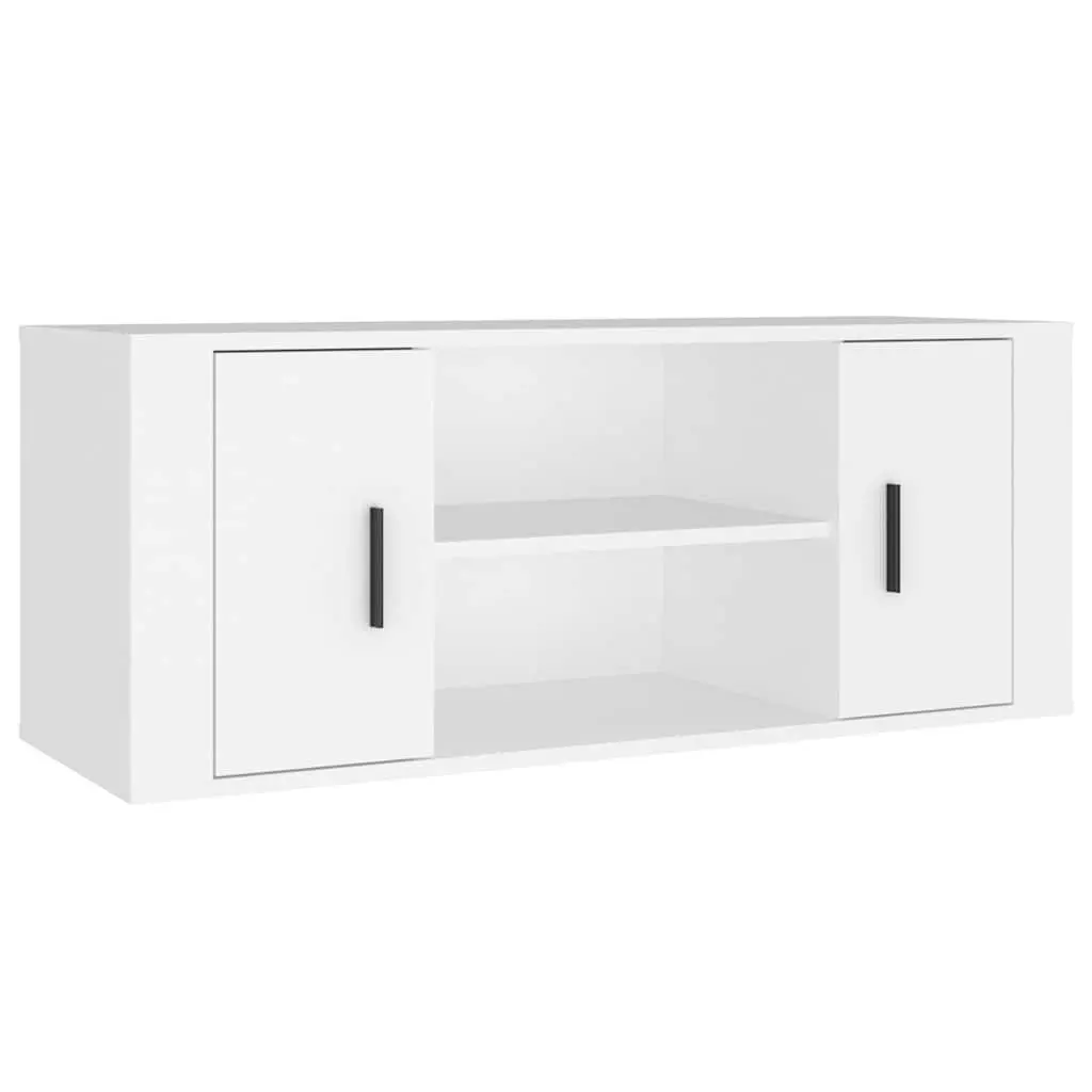 White TV Stand Engineered Wood Storage Unit 100x35x40cm with Doors and Four Compartments