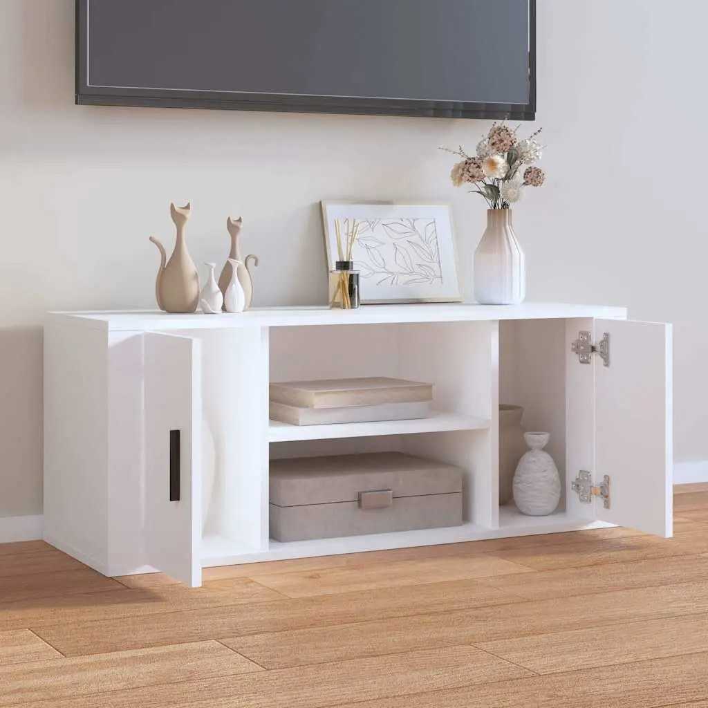 White TV Stand Engineered Wood Storage Unit 100x35x40cm with Doors and Four Compartments