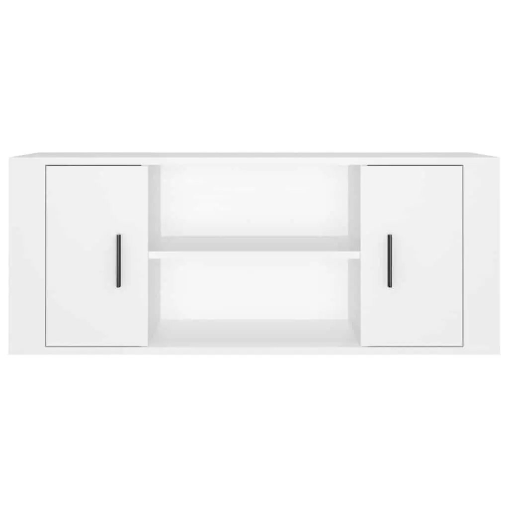 White TV Stand Engineered Wood Storage Unit 100x35x40cm with Doors and Four Compartments
