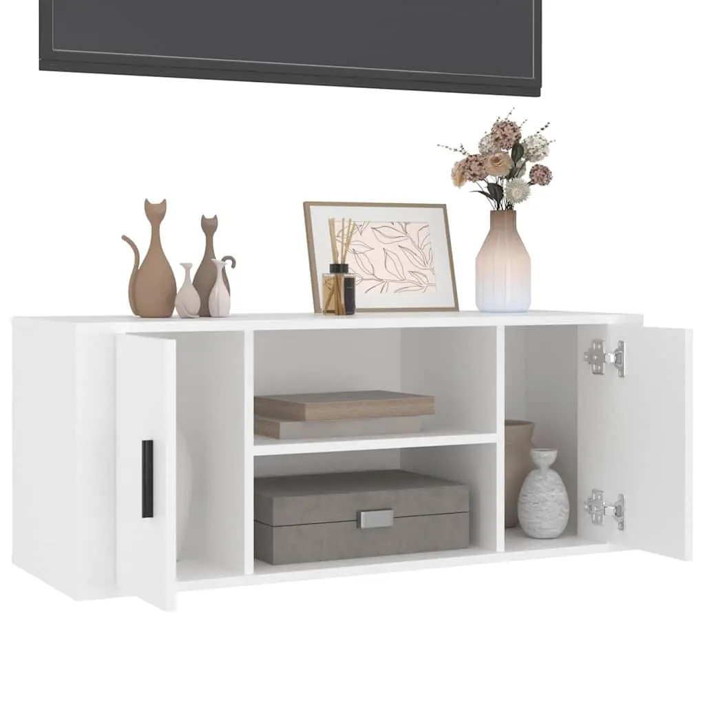 White TV Stand Engineered Wood Storage Unit 100x35x40cm with Doors and Four Compartments