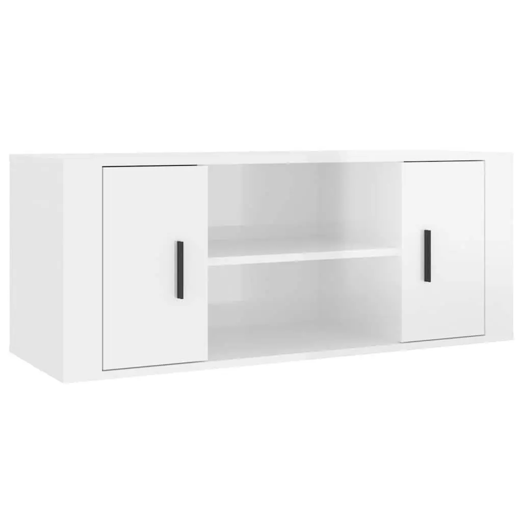 TV Cabinet Engineered Wood 100 x 35 x 40 cm White High Gloss Media Unit Storage Compartments