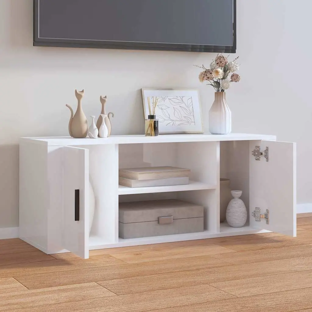 TV Cabinet Engineered Wood 100 x 35 x 40 cm White High Gloss Media Unit Storage Compartments